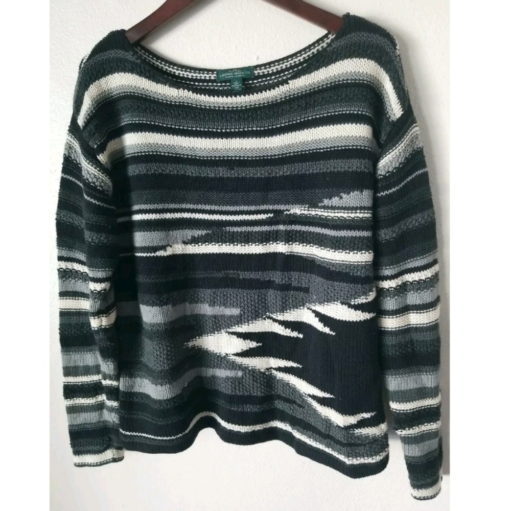 LRL Lauren Jeans‎ Co Southwest Design Knit Pullover Sweater Striped Blues Size L